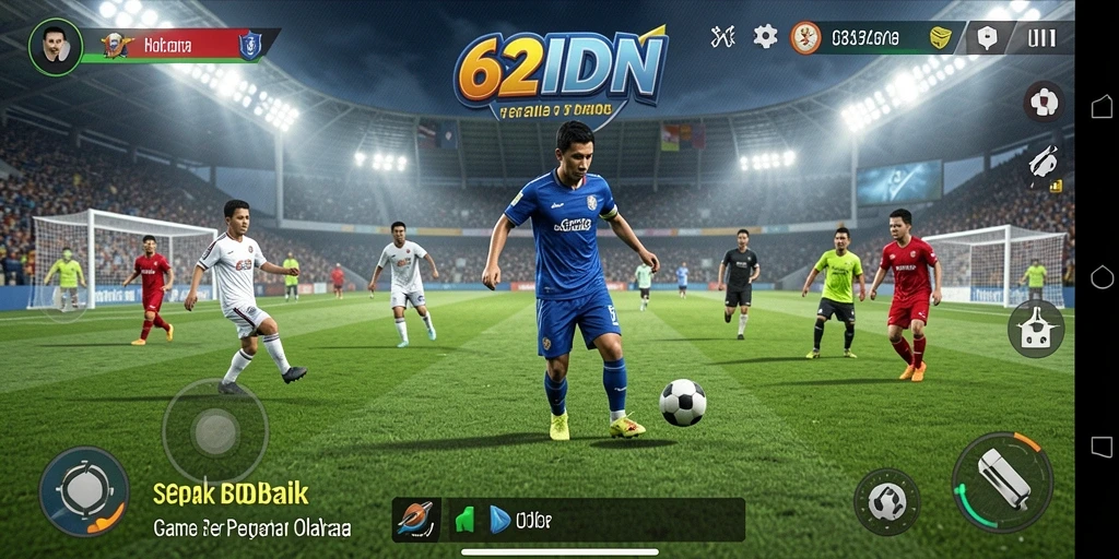 Tampilan utama gameplay 62IDN dengan aksi pertandingan sepak bola yang seru.