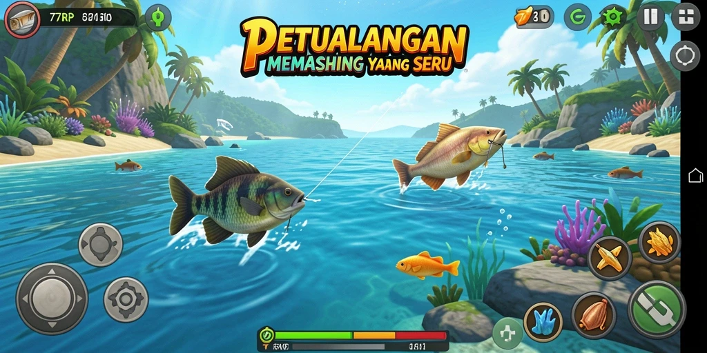 Screenshot gameplay 77RP menampilkan momen menangkap ikan dengan latar belakang alam yang indah.