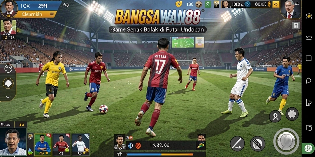 Screenshot gameplay BANGSAWAN88 dengan aksi pertandingan sepak bola.