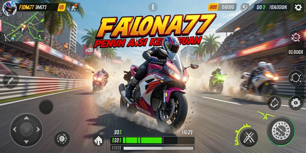 Screenshot FIONA77 menampilkan aksi balapan motor yang mendebarkan.