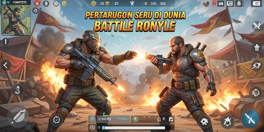 Screenshot gameplay FOMOTOTO menampilkan aksi Battle Royale yang mendebarkan.
