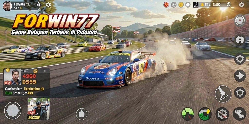 Tampilan gameplay yang memukau dari FORWIN77 dengan mobil balap yang beraksi.