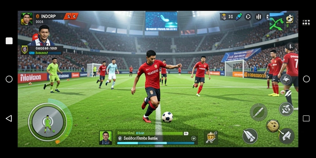 Tampilan gameplay INDORP yang menarik dengan aksi sepak bola yang dinamis.