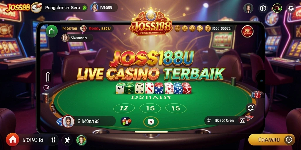 Screenshot utama JOSS188 menampilkan dealer cantik dengan suasana kasino hidup.