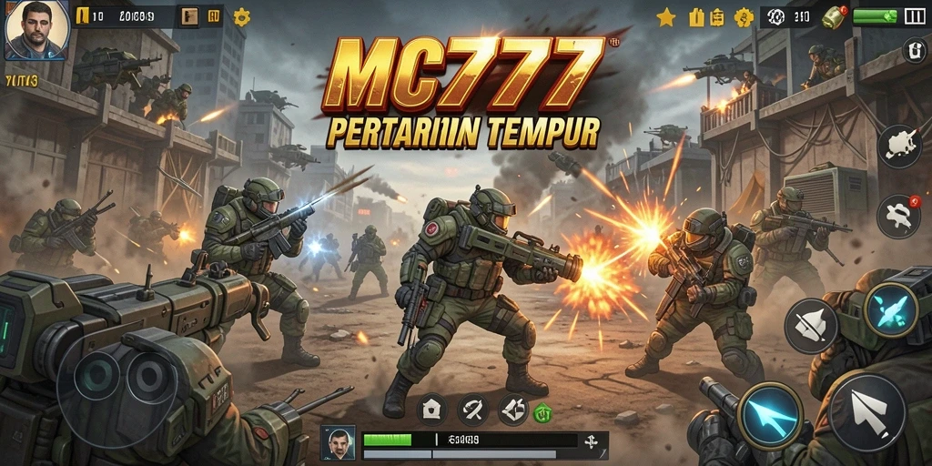 Menampilkan aksi pertarungan intens di arena MC777 dengan karakter yang beragam.