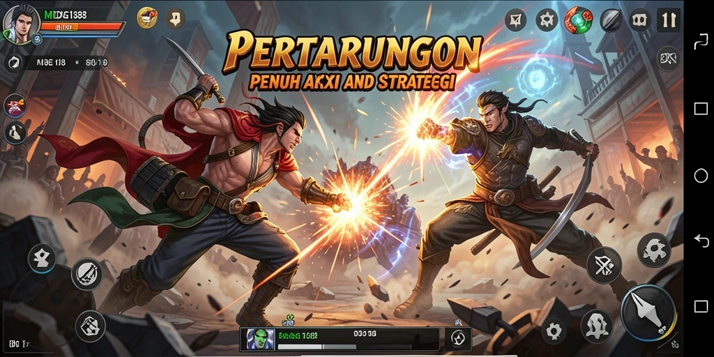 Screenshot MDG188 menampilkan karakter bertarung dengan latar belakang yang dinamis.