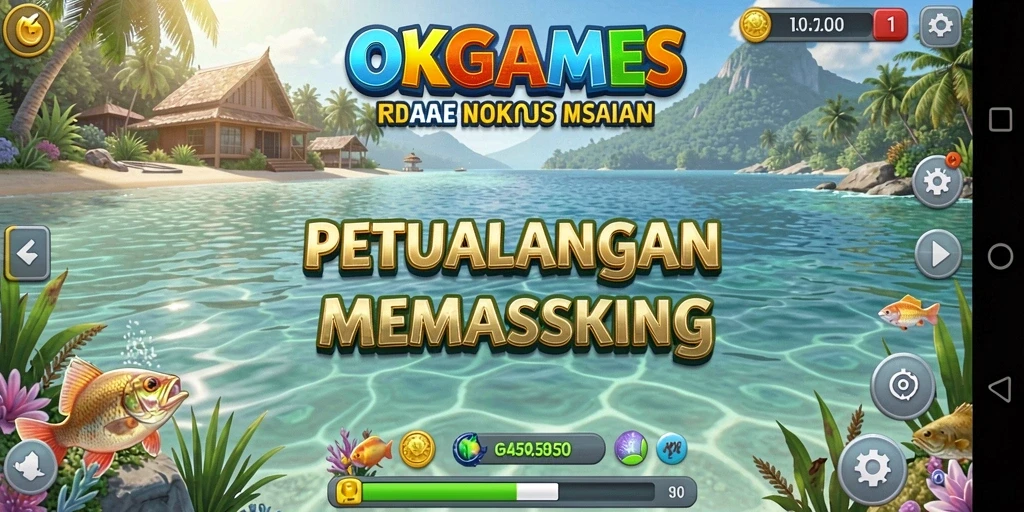 Screenshot menunjukkan pemain sedang menangkap ikan di danau yang indah.