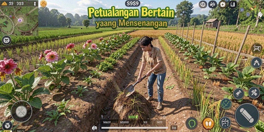 Tampilan gameplay menarik dalam S9S9 dengan aktivitas bertani.