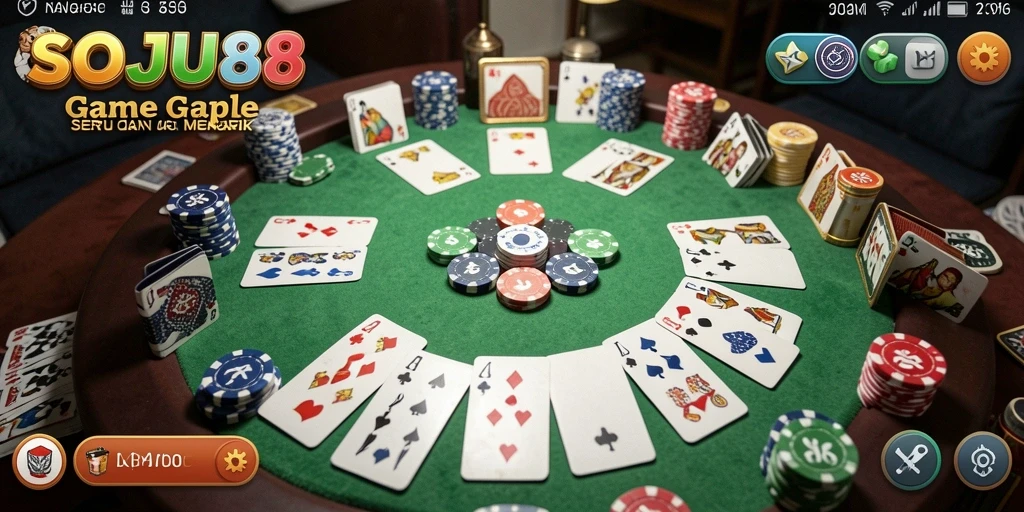 Tampilan gameplay menarik dari SOJU88 yang menampilkan keseruan Gaple.
