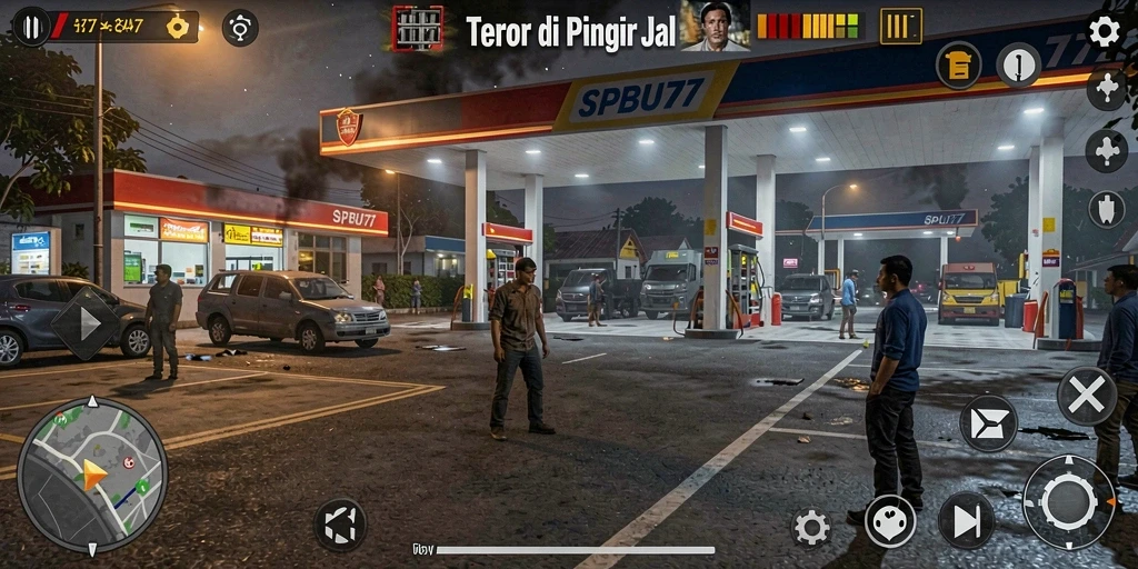Tangkapan layar gameplay SPBU77 menampilkan suasana menyeramkan di pom bensin.