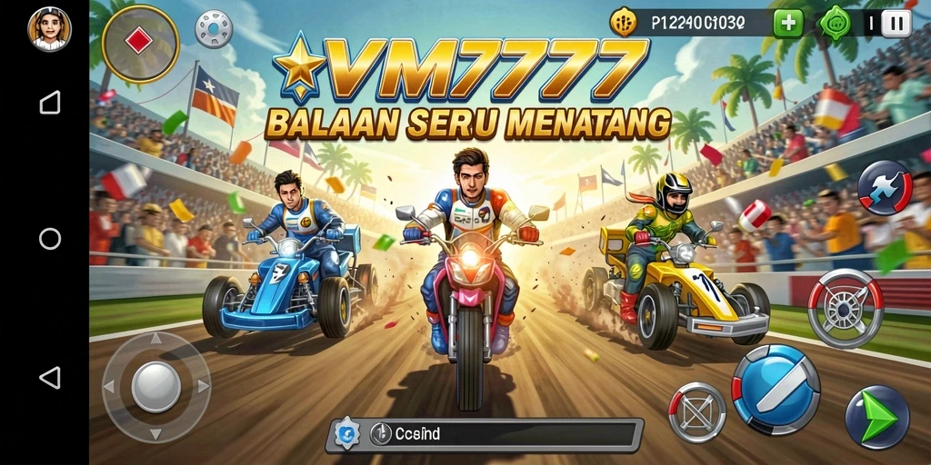 Tampilan gameplay mendebarkan di lintasan balap VM777.