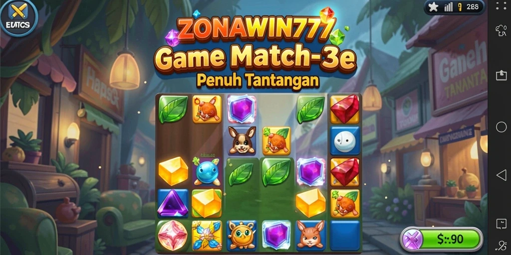 Screenshot gameplay ZONAWIN777 menampilkan elemen Match-3 yang cerah dan berwarna.